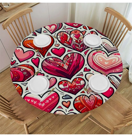 Ulloord  Round Tablecloth Fitted Table Cover with Elastic Edged Valentine's Day Heart Pattern Waterproof Table Cloth for Party Kitchen Dining Indoor Outdoor Table