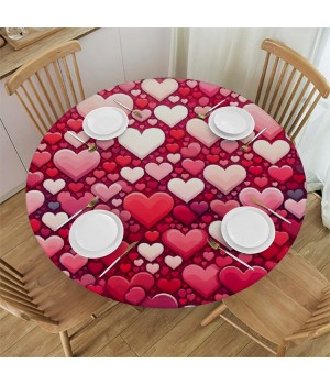 Ulloord  Round Tablecloth Fitted Table Cover with Elastic Edged Heart Valentines Day Waterproof Table Cloth for Party Kitchen Dining Indoor Outdoor Table