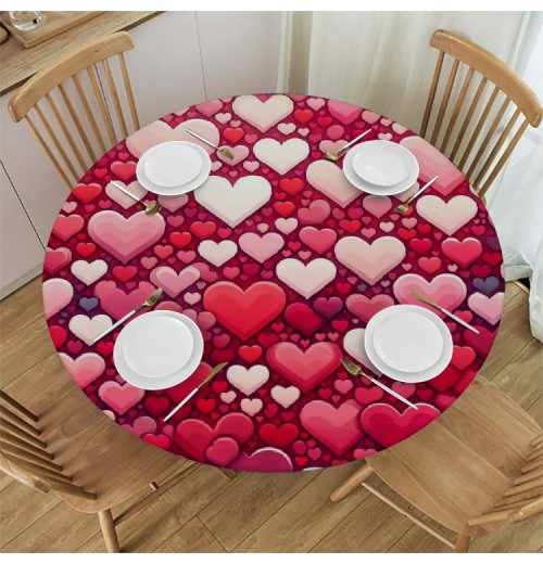 Ulloord  Round Tablecloth Fitted Table Cover with Elastic Edged Heart Valentines Day Waterproof Table Cloth for Party Kitchen Dining Indoor Outdoor Table