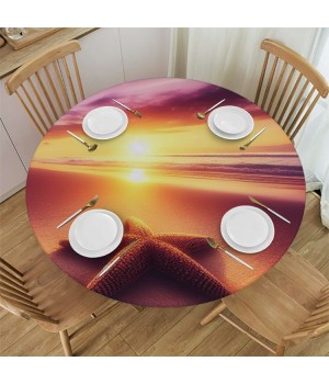 Ulloord Round Tablecloth Fitted Table Cover with Elastic Edged Tropical Beach Sea Starfish Summer Waterproof Table Cloth for Party Kitchen Dining Indoor Outdoor Table