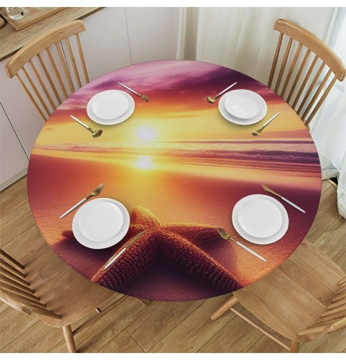 Ulloord Round Tablecloth Fitted Table Cover with Elastic Edged Tropical Beach Sea Starfish Summer Waterproof Table Cloth for Party Kitchen Dining Indoor Outdoor Table