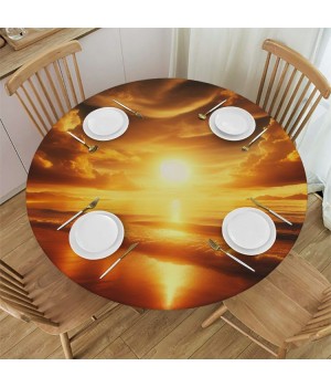 Ulloord Round Tablecloth Fitted Table Cover with Elastic Edged Vintage Tropical Beach Sunset Waterproof Table Cloth for Party Kitchen Dining Indoor Outdoor Table