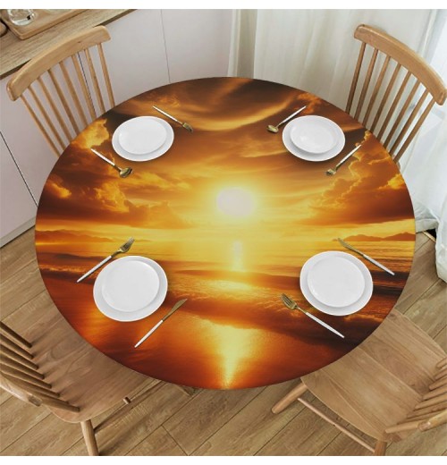 Ulloord Round Tablecloth Fitted Table Cover with Elastic Edged Vintage Tropical Beach Sunset Waterproof Table Cloth for Party Kitchen Dining Indoor Outdoor Table