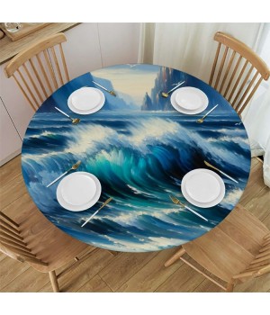 Ulloord Round Tablecloth Fitted Table Cover with Elastic Edged Watercolor Beach Seagull Nautical Boat Waterproof Table Cloth for Party Kitchen Dining Indoor Outdoor Table