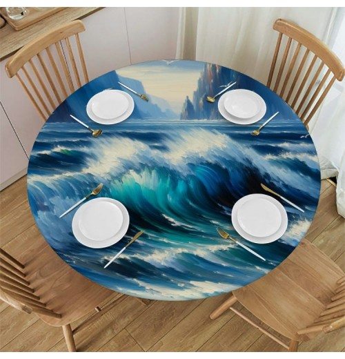 Ulloord Round Tablecloth Fitted Table Cover with Elastic Edged Watercolor Beach Seagull Nautical Boat Waterproof Table Cloth for Party Kitchen Dining Indoor Outdoor Table