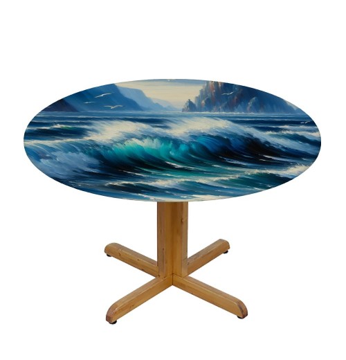 Ulloord Round Tablecloth Fitted Table Cover with Elastic Edged Watercolor Beach Seagull Nautical Boat Waterproof Table Cloth for Party Kitchen Dining Indoor Outdoor Table