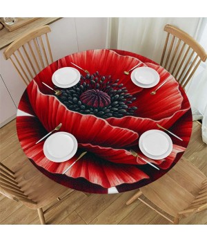 Ulloord  Round Fitted Tablecloth Watercolor Floral Poppy Leaves Table Cloth with Elastic Edged Waterproof Wipeable Round Table Cover for Patio Parties Outdoor Decor