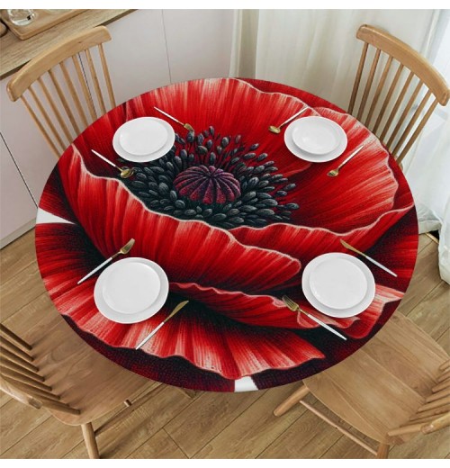 Ulloord  Round Fitted Tablecloth Watercolor Floral Poppy Leaves Table Cloth with Elastic Edged Waterproof Wipeable Round Table Cover for Patio Parties Outdoor Decor