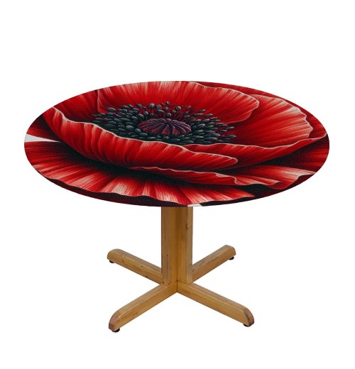 Ulloord  Round Fitted Tablecloth Watercolor Floral Poppy Leaves Table Cloth with Elastic Edged Waterproof Wipeable Round Table Cover for Patio Parties Outdoor Decor