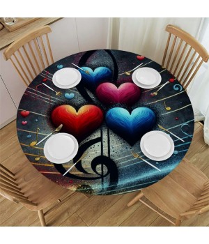 Ulloord  Round Fitted Tablecloth Love Heart Music Note Table Cloth with Elastic Edged Waterproof Wipeable Round Table Cover for Patio Parties Outdoor Decor