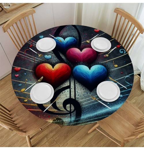 Ulloord  Round Fitted Tablecloth Love Heart Music Note Table Cloth with Elastic Edged Waterproof Wipeable Round Table Cover for Patio Parties Outdoor Decor