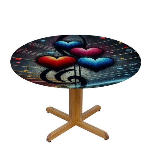 Ulloord  Round Fitted Tablecloth Love Heart Music Note Table Cloth with Elastic Edged Waterproof Wipeable Round Table Cover for Patio Parties Outdoor Decor