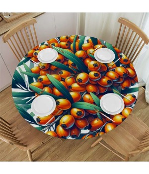 Ulloord  Round Fitted Tablecloth Autumn Berry Leaves Fall Table Cloth with Elastic Edged Waterproof Wipeable Round Table Cover for Patio Parties Outdoor Decor