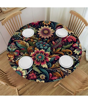 Ulloord  Round Fitted Tablecloth Flower Leaves,Floral Bohemian Plants Table Cloth with Elastic Edged Waterproof Wipeable Round Table Cover for Patio Parties Outdoor Decor