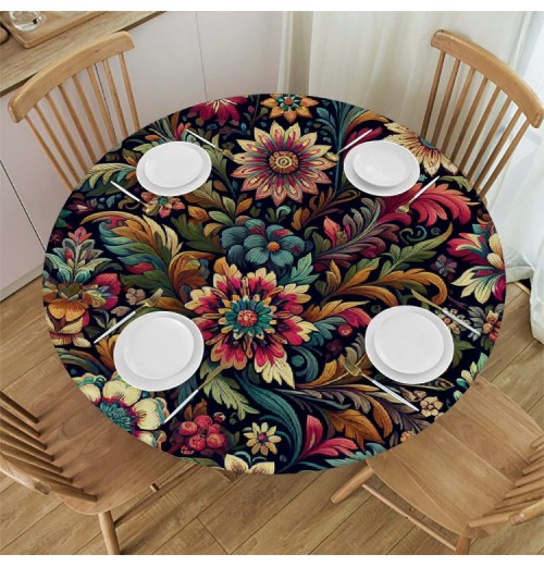 Ulloord  Round Fitted Tablecloth Flower Leaves,Floral Bohemian Plants Table Cloth with Elastic Edged Waterproof Wipeable Round Table Cover for Patio Parties Outdoor Decor