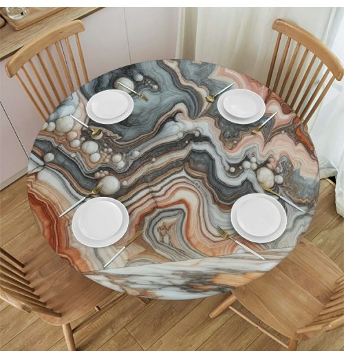 Ulloord  Round Fitted Tablecloth Grey White Marble Liquid Print Table Cloth with Elastic Edged Waterproof Wipeable Round Table Cover for Patio Parties Outdoor Decor