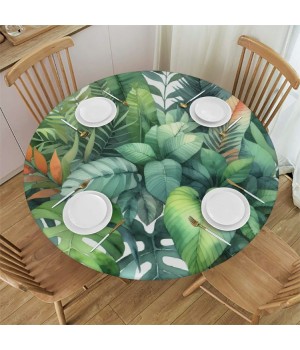 Ulloord  Round Fitted Tablecloth Palm Leaves Tropical Green Leaf Table Cloth with Elastic Edged Waterproof Wipeable Round Table Cover for Patio Parties Outdoor Decor
