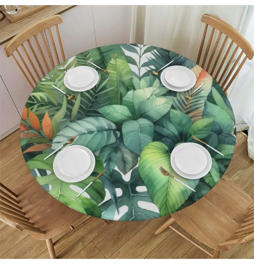 Ulloord  Round Fitted Tablecloth Palm Leaves Tropical Green Leaf Table Cloth with Elastic Edged Waterproof Wipeable Round Table Cover for Patio Parties Outdoor Decor