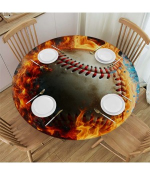 Ulloord  Round Fitted Tablecloth Baseball Water and Fiery Ball Table Cloth with Elastic Edged Waterproof Wipeable Round Table Cover for Patio Parties Outdoor Decor