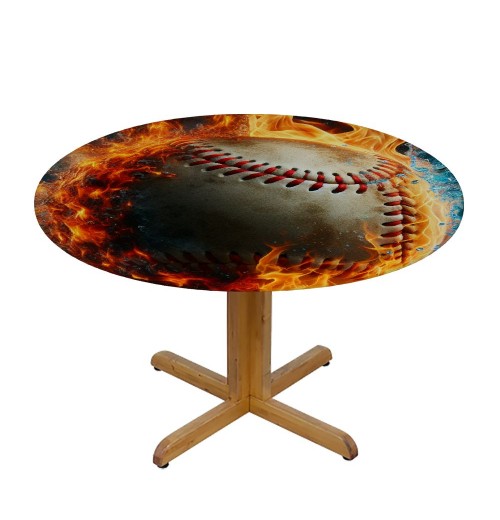 Ulloord  Round Fitted Tablecloth Baseball Water and Fiery Ball Table Cloth with Elastic Edged Waterproof Wipeable Round Table Cover for Patio Parties Outdoor Decor