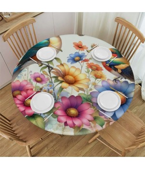 Ulloord  Round Fitted Tablecloth Flower Birds Leaves Butterfly Floral Table Cloth with Elastic Edged Waterproof Wipeable Round Table Cover for Patio Parties Outdoor Decor