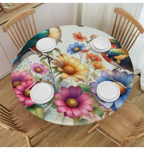 Ulloord  Round Fitted Tablecloth Flower Birds Leaves Butterfly Floral Table Cloth with Elastic Edged Waterproof Wipeable Round Table Cover for Patio Parties Outdoor Decor