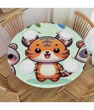 Ulloord  Round Fitted Tablecloth Cute Animals Flower Floral Table Cloth with Elastic Edged Waterproof Wipeable Round Table Cover for Patio Parties Outdoor Decor