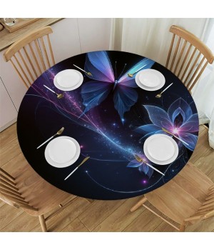 Ulloord  Round Fitted Tablecloth Purple Butterfly Fantasy Animal Table Cloth with Elastic Edged Waterproof Wipeable Round Table Cover for Patio Parties Outdoor Decor