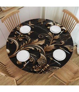 Ulloord  Round Fitted Tablecloth Golden Butterfly Marble Print Table Cloth with Elastic Edged Waterproof Wipeable Round Table Cover for Patio Parties Outdoor Decor