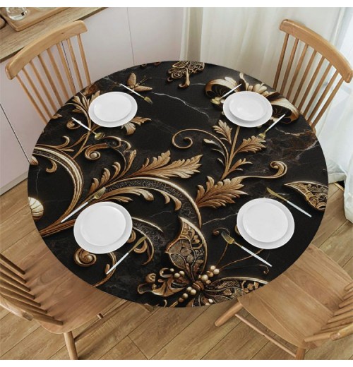 Ulloord  Round Fitted Tablecloth Golden Butterfly Marble Print Table Cloth with Elastic Edged Waterproof Wipeable Round Table Cover for Patio Parties Outdoor Decor