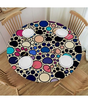 Ulloord  Round Fitted Tablecloth Cat Dog Cute Animal Paws Table Cloth with Elastic Edged Waterproof Wipeable Round Table Cover for Patio Parties Outdoor Decor