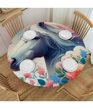 Ulloord  Round Fitted Tablecloth Cute Horse Flower Watercolor Table Cloth with Elastic Edged Waterproof Wipeable Round Table Cover for Patio Parties Outdoor Decor