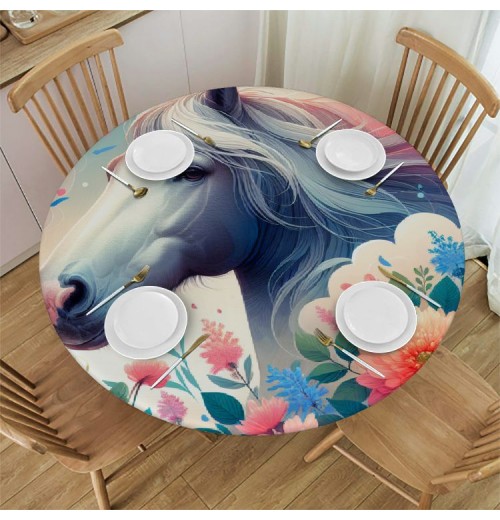 Ulloord  Round Fitted Tablecloth Cute Horse Flower Watercolor Table Cloth with Elastic Edged Waterproof Wipeable Round Table Cover for Patio Parties Outdoor Decor