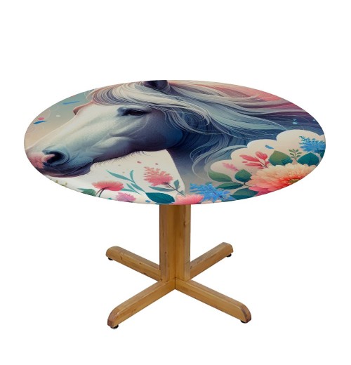 Ulloord  Round Fitted Tablecloth Cute Horse Flower Watercolor Table Cloth with Elastic Edged Waterproof Wipeable Round Table Cover for Patio Parties Outdoor Decor