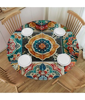 Ulloord  Round Fitted Tablecloth Art Mexican Ceramic Tile Boho Damask Table Cloth with Elastic Edged Waterproof Wipeable Round Table Cover for Patio Parties Outdoor Decor