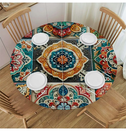 Ulloord  Round Fitted Tablecloth Art Mexican Ceramic Tile Boho Damask Table Cloth with Elastic Edged Waterproof Wipeable Round Table Cover for Patio Parties Outdoor Decor