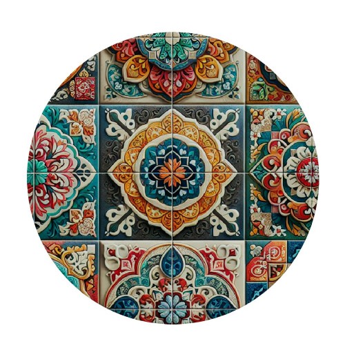 Ulloord  Round Fitted Tablecloth Art Mexican Ceramic Tile Boho Damask Table Cloth with Elastic Edged Waterproof Wipeable Round Table Cover for Patio Parties Outdoor Decor