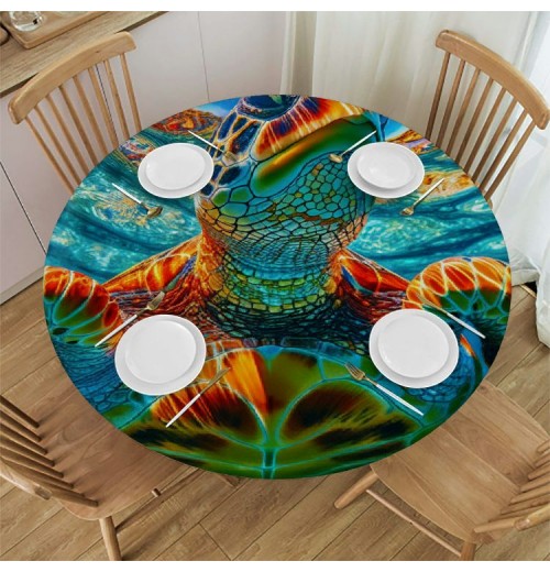 Ulloord  Round Fitted Tablecloth Art Painting Sea Turtle Table Cloth with Elastic Edged Waterproof Wipeable Round Table Cover for Patio Parties Outdoor Decor