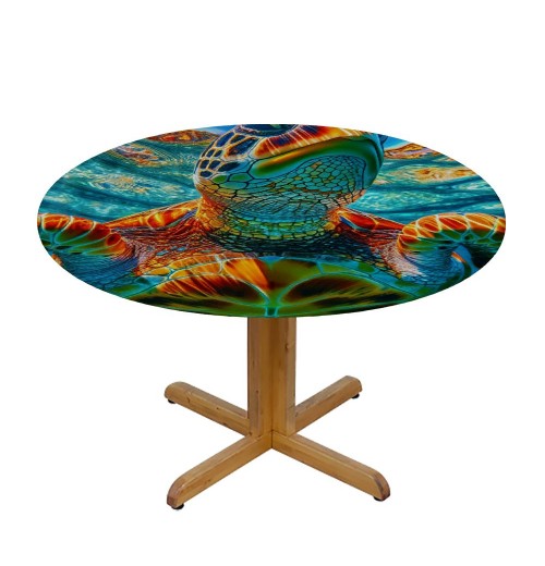 Ulloord  Round Fitted Tablecloth Art Painting Sea Turtle Table Cloth with Elastic Edged Waterproof Wipeable Round Table Cover for Patio Parties Outdoor Decor