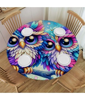 Ulloord  Round Fitted Tablecloth Cute Owl Branch Floral Birds Table Cloth with Elastic Edged Waterproof Wipeable Round Table Cover for Patio Parties Outdoor Decor