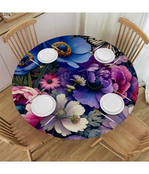 Ulloord  Round Fitted Tablecloth Spring Flower Butterfly Table Cloth with Elastic Edged Waterproof Wipeable Round Table Cover for Patio Parties Outdoor Decor