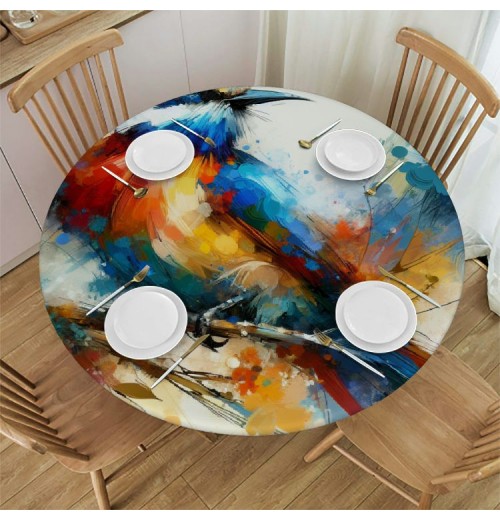 Ulloord  Round Fitted Tablecloth Art Painting Bird Animal Print Table Cloth with Elastic Edged Waterproof Wipeable Round Table Cover for Patio Parties Outdoor Decor