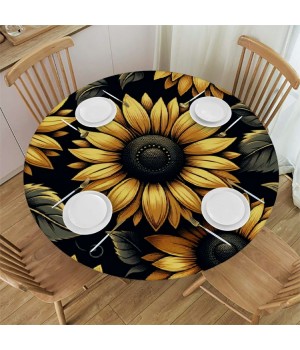 Ulloord  Round Tablecloth Fitted Table Cover with Elastic Edged Sunflower Floral Waterproof Table Cloth for Party Kitchen Dining Indoor Outdoor Table