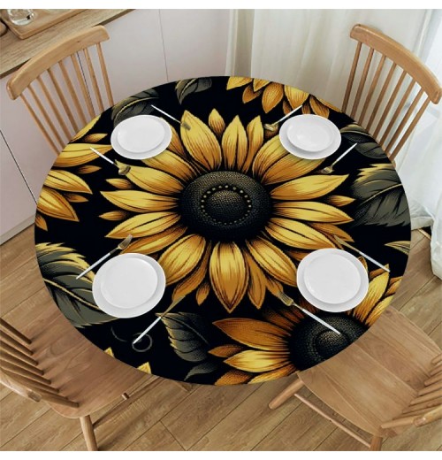 Ulloord  Round Tablecloth Fitted Table Cover with Elastic Edged Sunflower Floral Waterproof Table Cloth for Party Kitchen Dining Indoor Outdoor Table