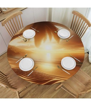 Ulloord Round Tablecloth Fitted Table Cover with Elastic Edged Tropical Palm Tree Sunset Summer Waterproof Table Cloth for Party Kitchen Dining Indoor Outdoor Table