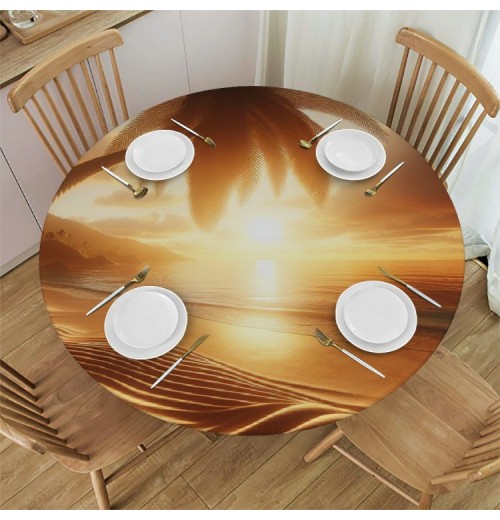 Ulloord Round Tablecloth Fitted Table Cover with Elastic Edged Tropical Palm Tree Sunset Summer Waterproof Table Cloth for Party Kitchen Dining Indoor Outdoor Table