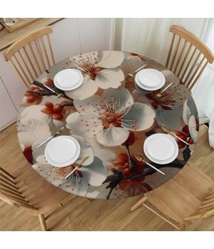 Ulloord  Round Fitted Tablecloth Elegant Flower Cherry Blossom Table Cloth with Elastic Edged Waterproof Wipeable Round Table Cover for Patio Parties Outdoor Decor