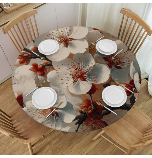 Ulloord  Round Fitted Tablecloth Elegant Flower Cherry Blossom Table Cloth with Elastic Edged Waterproof Wipeable Round Table Cover for Patio Parties Outdoor Decor