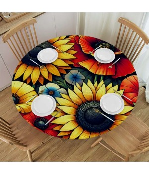 Ulloord Round Tablecloth Fitted Table Cover with Elastic Edged Tropical Sunflower Floral Flower Waterproof Table Cloth for Party Kitchen Dining Indoor Outdoor Table