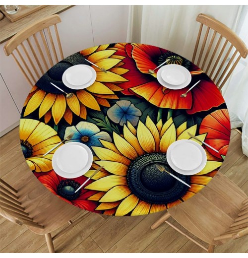 Ulloord Round Tablecloth Fitted Table Cover with Elastic Edged Tropical Sunflower Floral Flower Waterproof Table Cloth for Party Kitchen Dining Indoor Outdoor Table